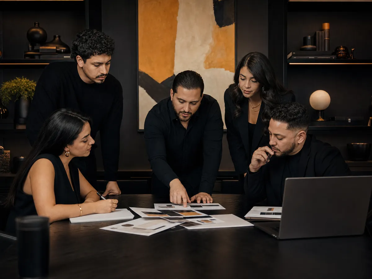 The Platinum team reviewing a client content plan around a table